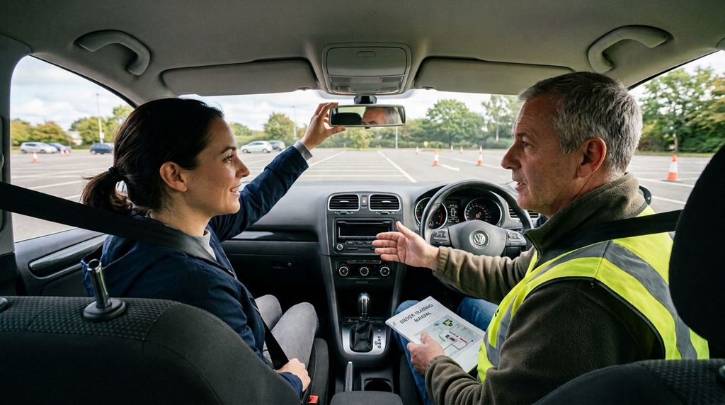 New driver adjusting a mirror beside an instructor before supervised driving practice.
