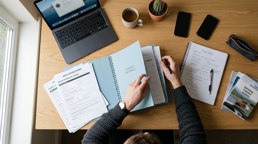 Learner organizing application paperwork and study materials before a permit appointment.