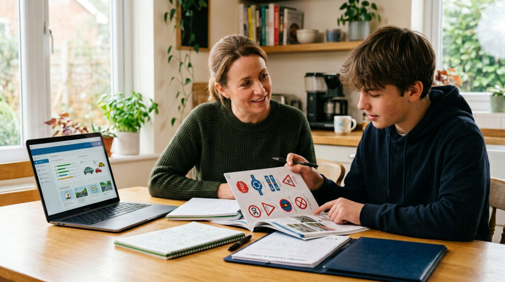 Teen learner and parent reviewing a driver handbook and learner’s permit study materials at home.
