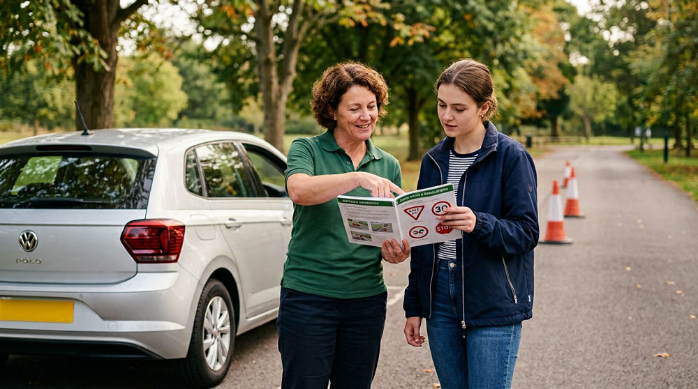 Learner and instructor reviewing a driver handbook beside a parked car before a driving lesson.